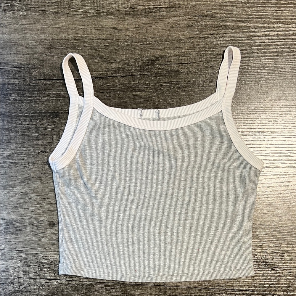 Ribbed Crop Tank Top - Light Gray with White Trim